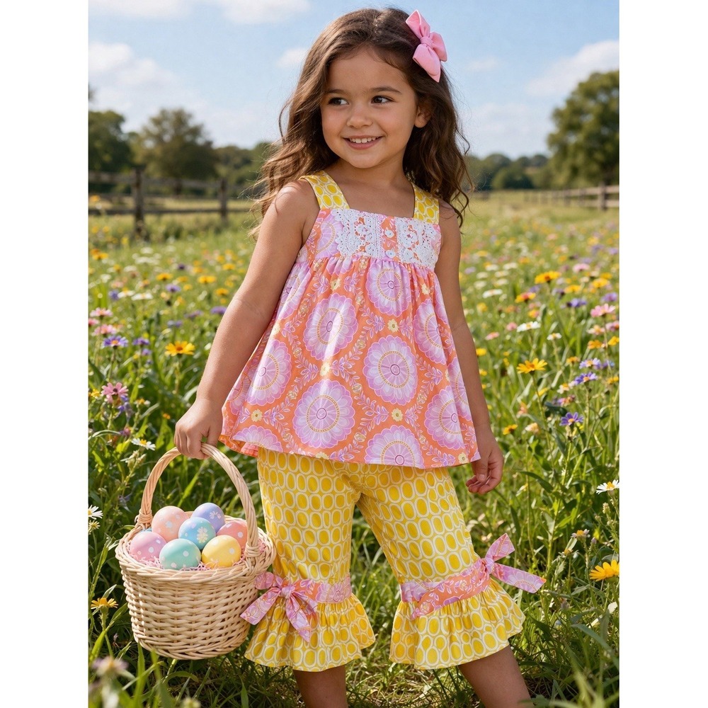 Peaches & Cream Set 4T Girls Capri Floral Pink Yellow Boutique Easter Ruffles‎